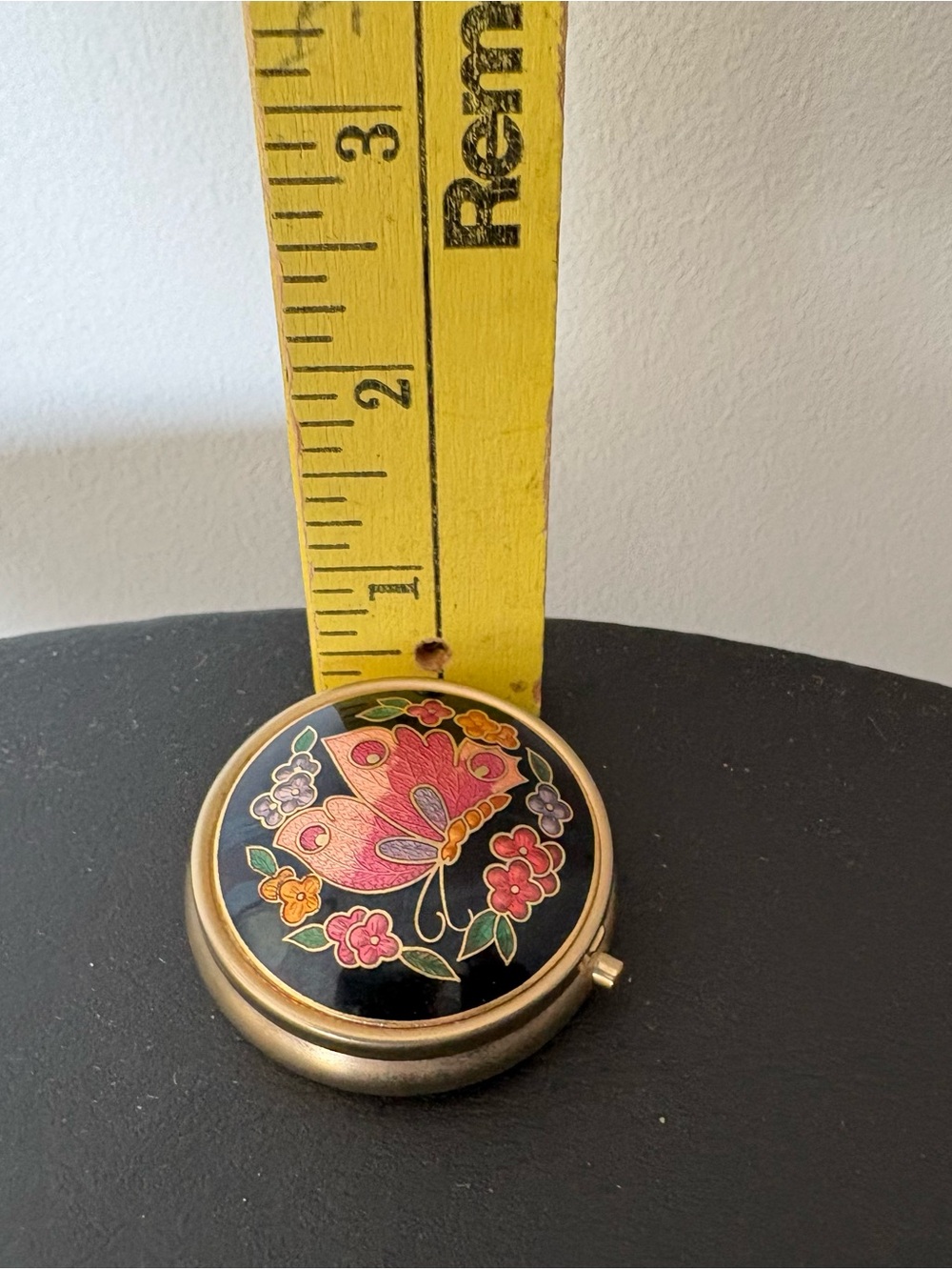 Cloisonné Enamel Butterfly Pill Box Trinket Case Removable Divider Vintage Round - Picture 6 of 8